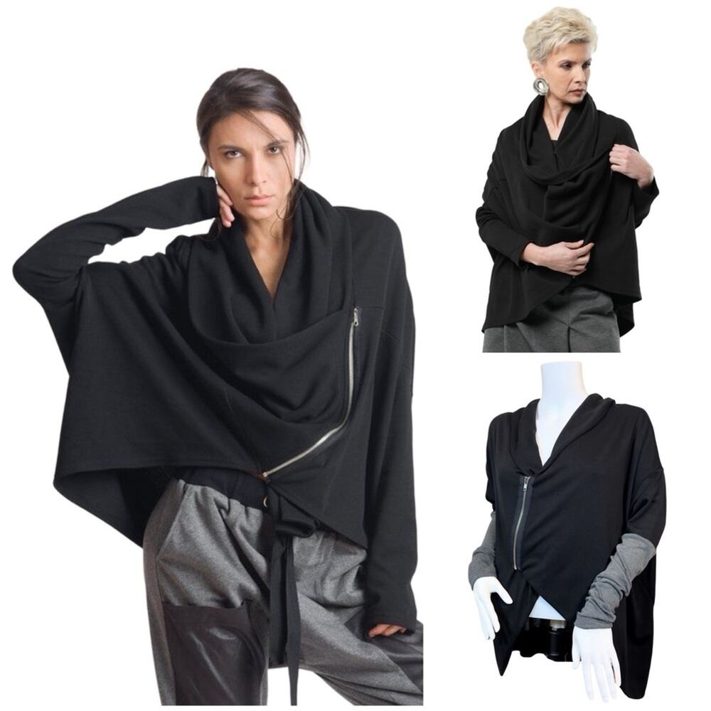 #T73B John Eshaya Black & Grey Loose Asymmetric Cardigan Side Zipper O/S $139